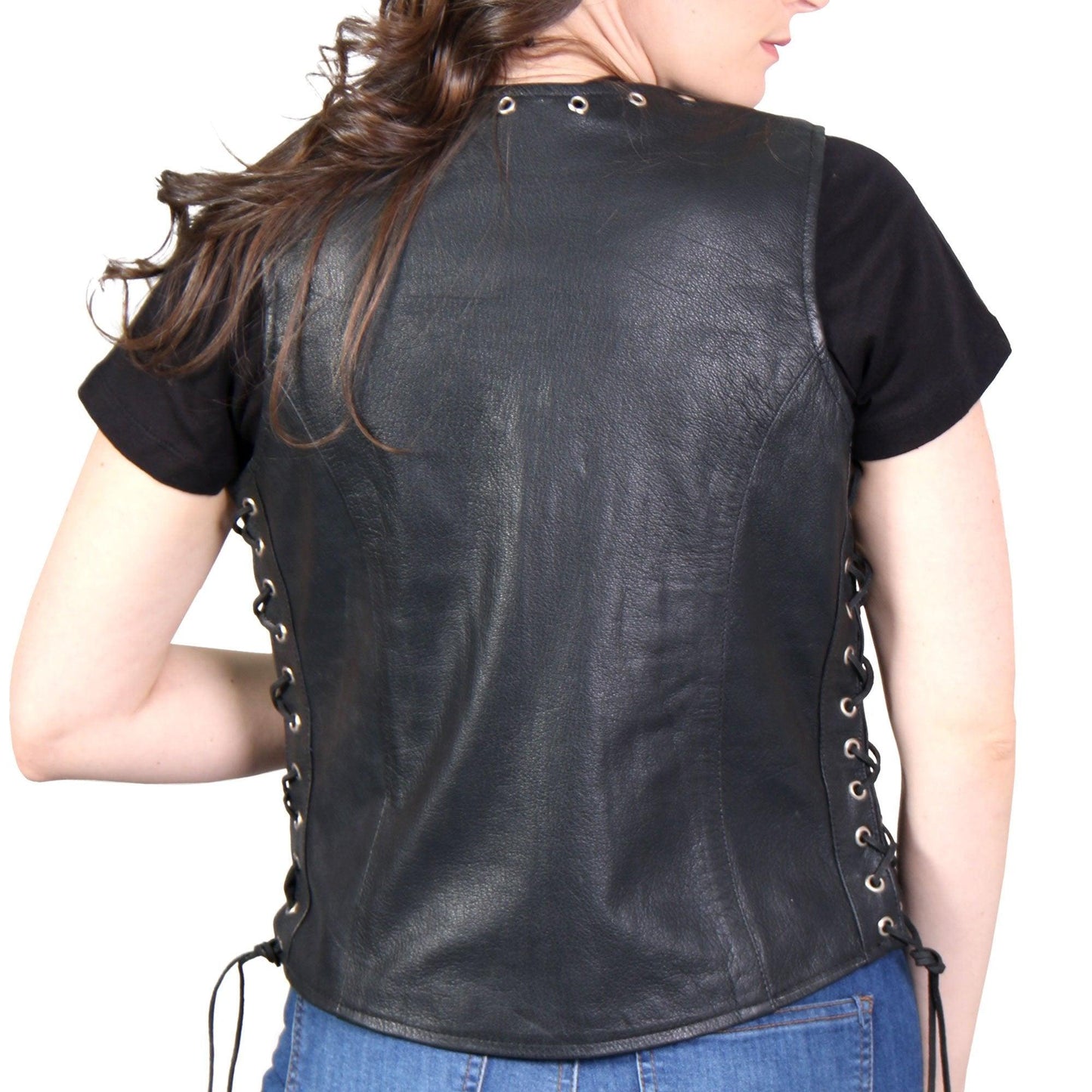 Ladies Black Naked Hot Leathers Leather Biker Vest - Military Republic
