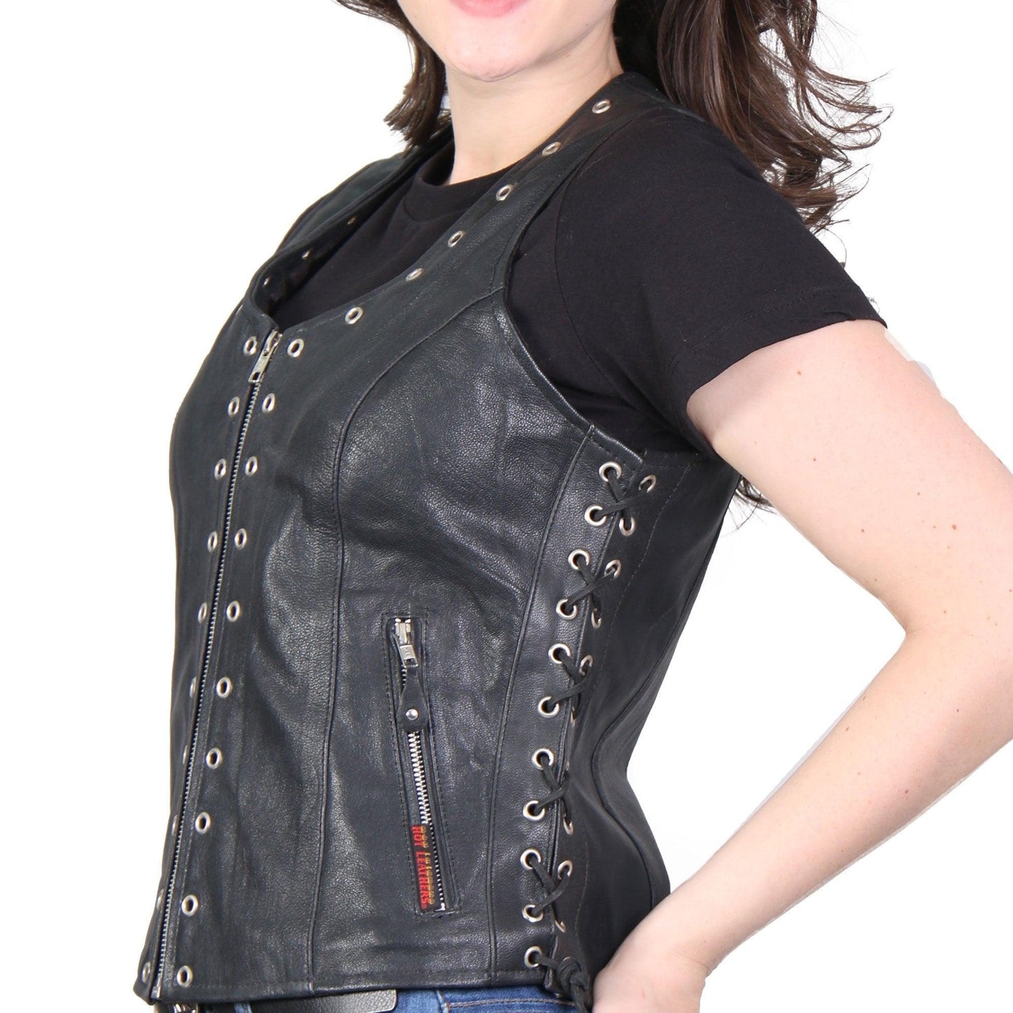Ladies Black Naked Hot Leathers Leather Biker Vest - Military Republic