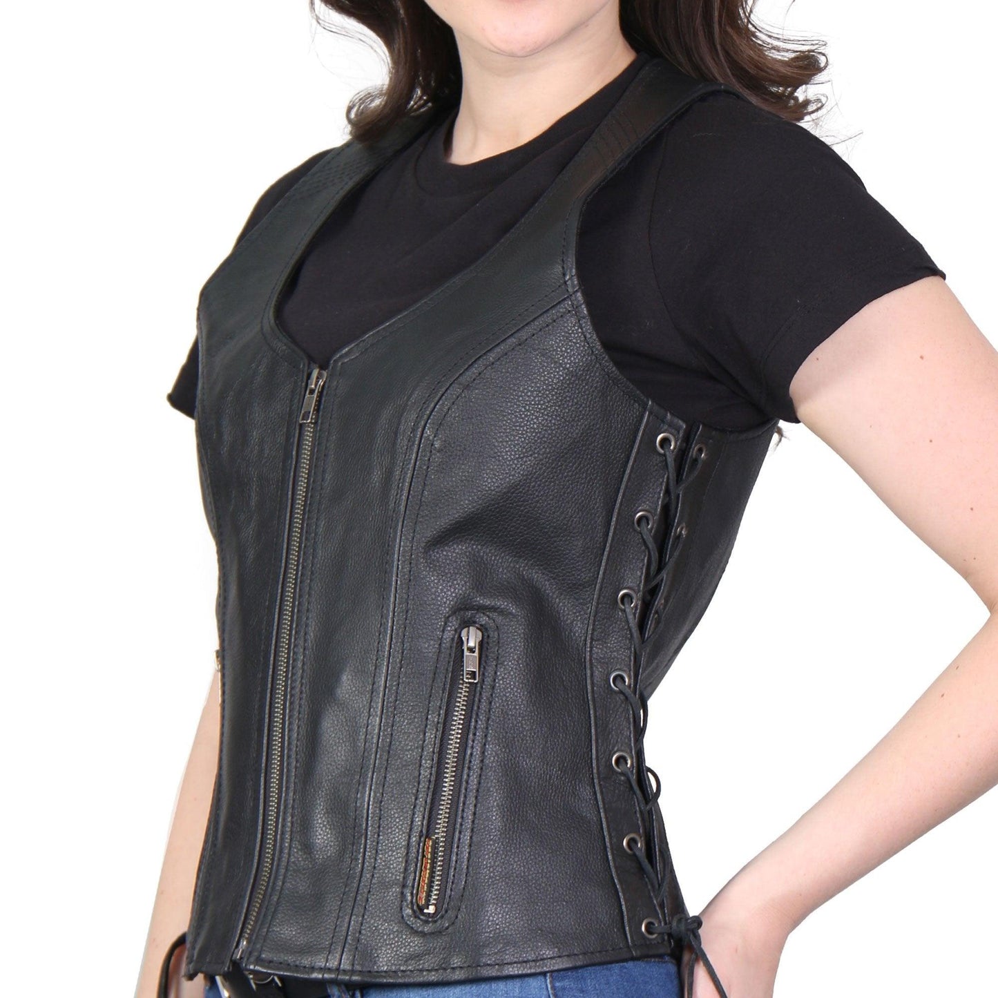 Ladies Side Lace Zip Up Hot Leathers Leather Vest - Military Republic