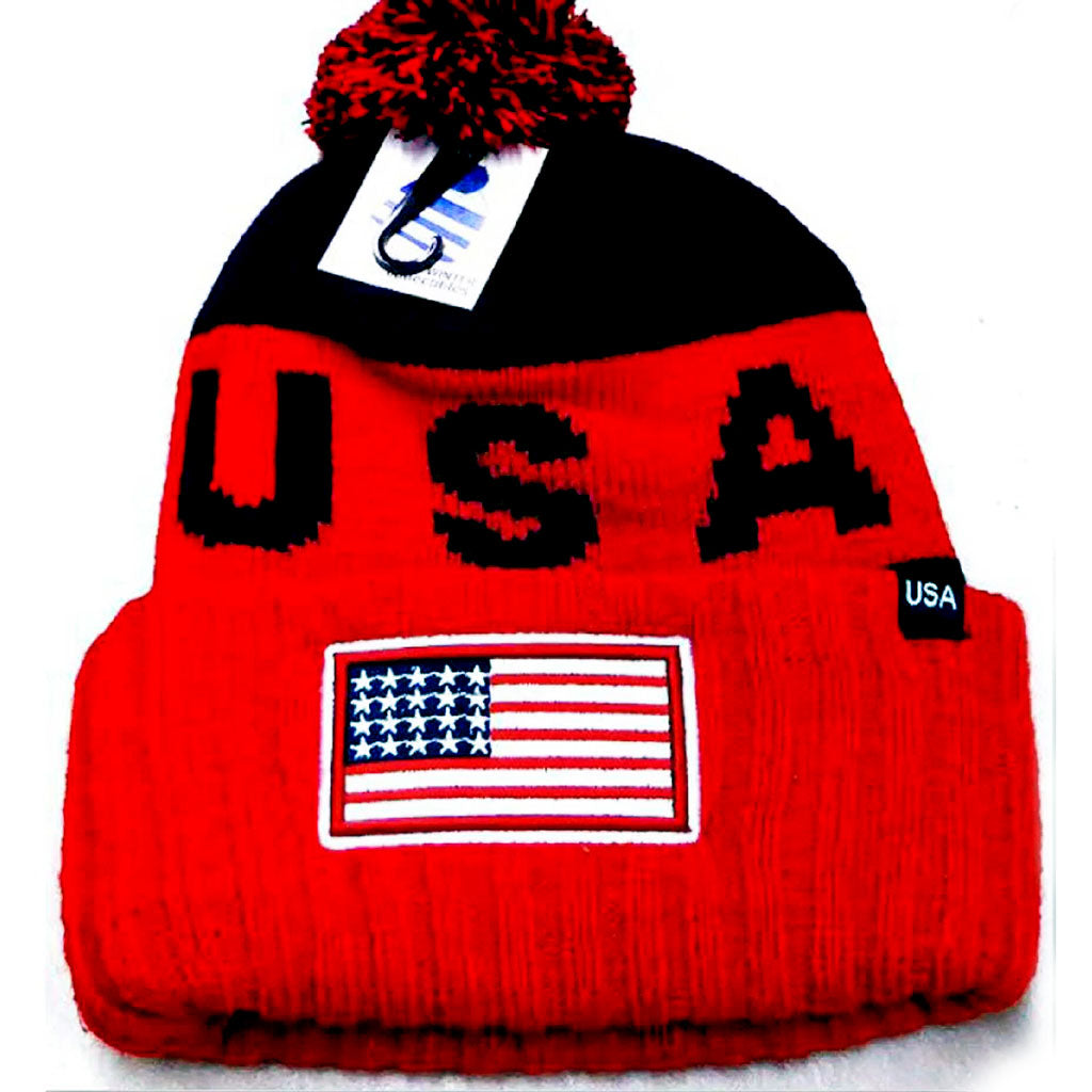 Large USA Font with USA Flag Stars Pom Pom Beanie
