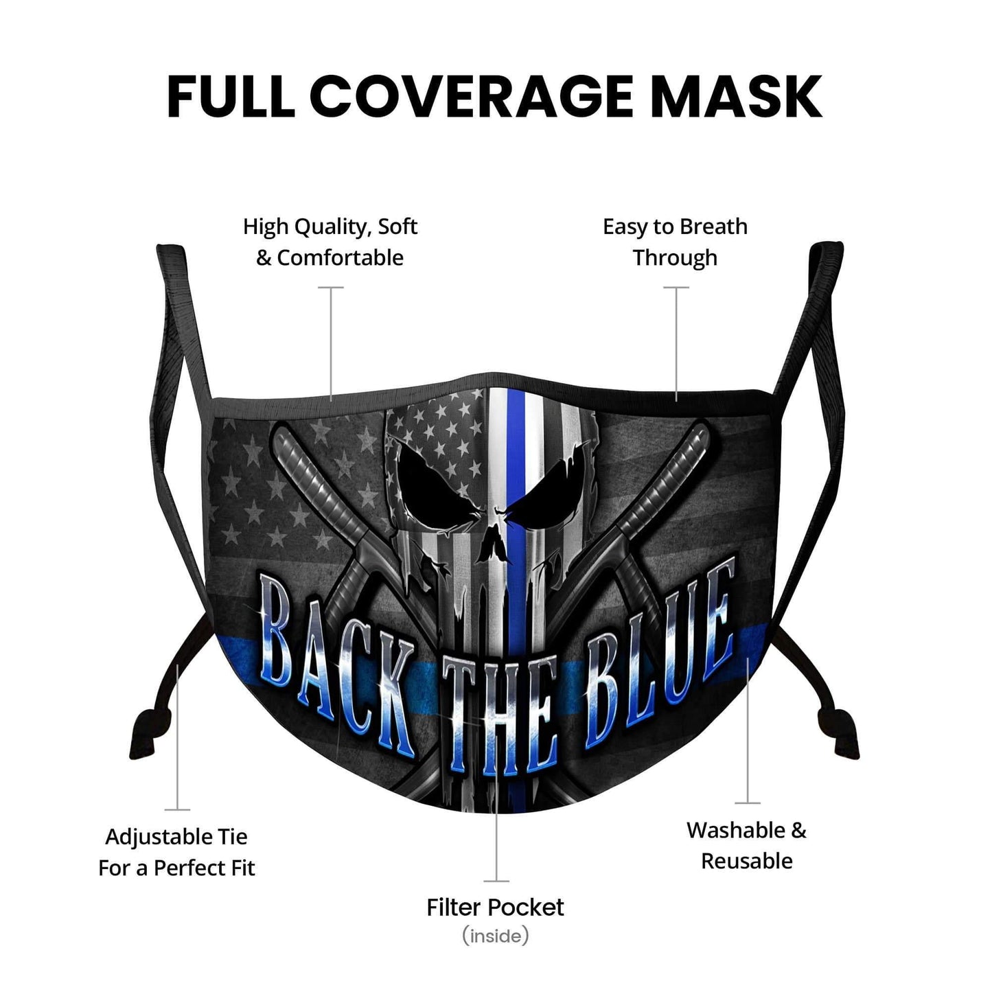 Law Enforcement Back the Blue Freedom Skull Premium Face Mask - Military Republic