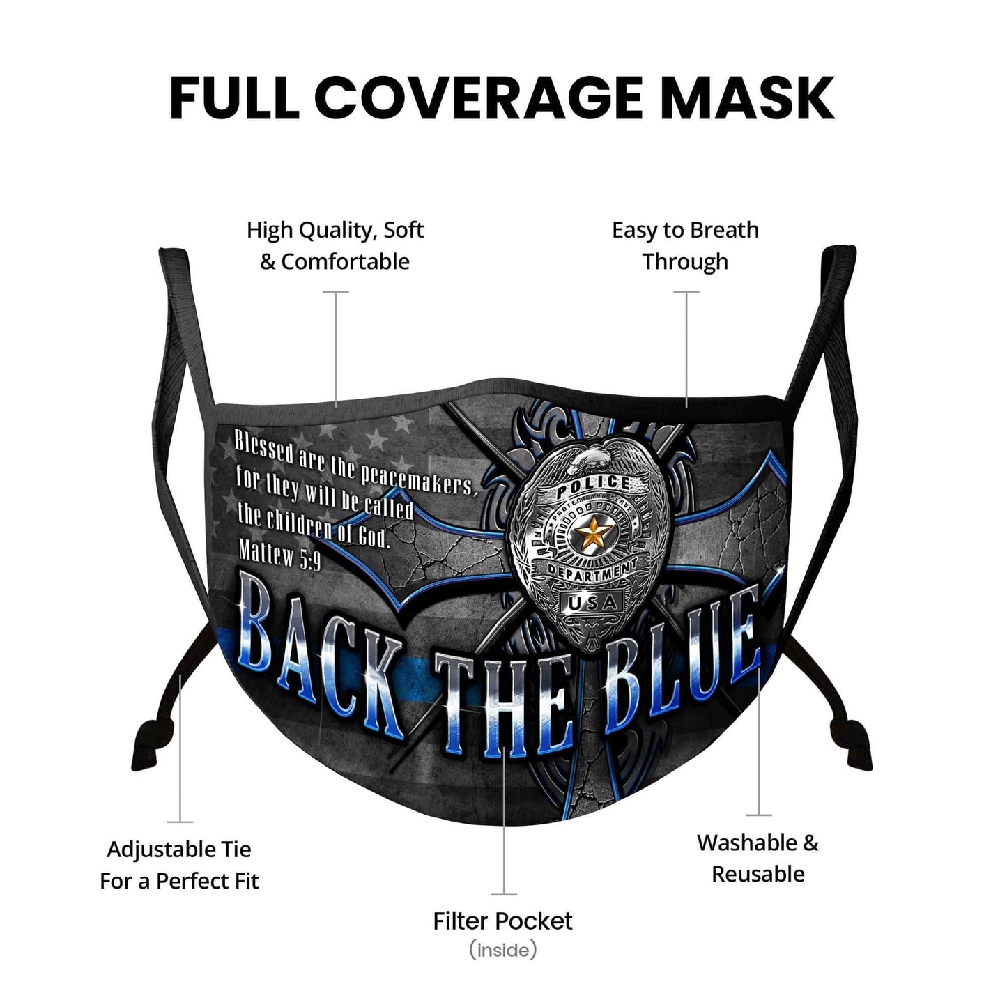 Law Enforcement Back the Blue Matthew 5:9 Christian Face Mask - Military Republic