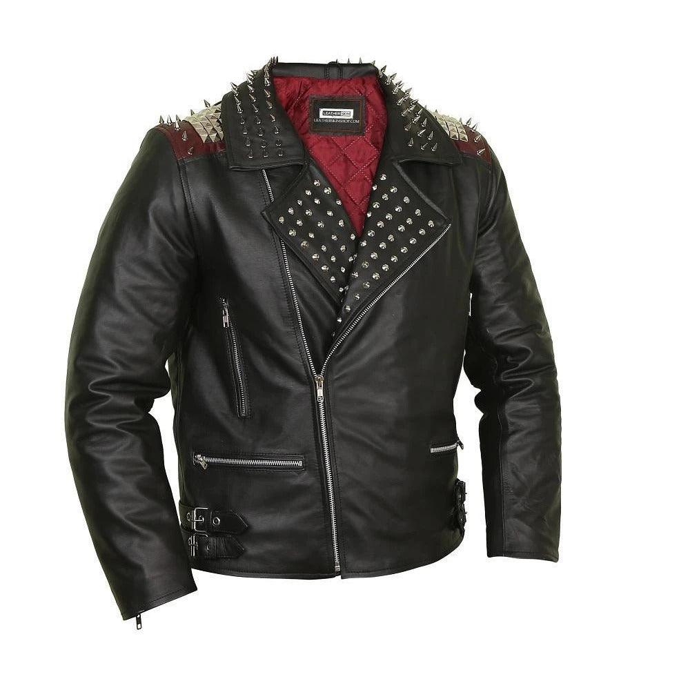 Studded Spiked Black Leather Biker Jacket With Quilted Lining - Military Republic