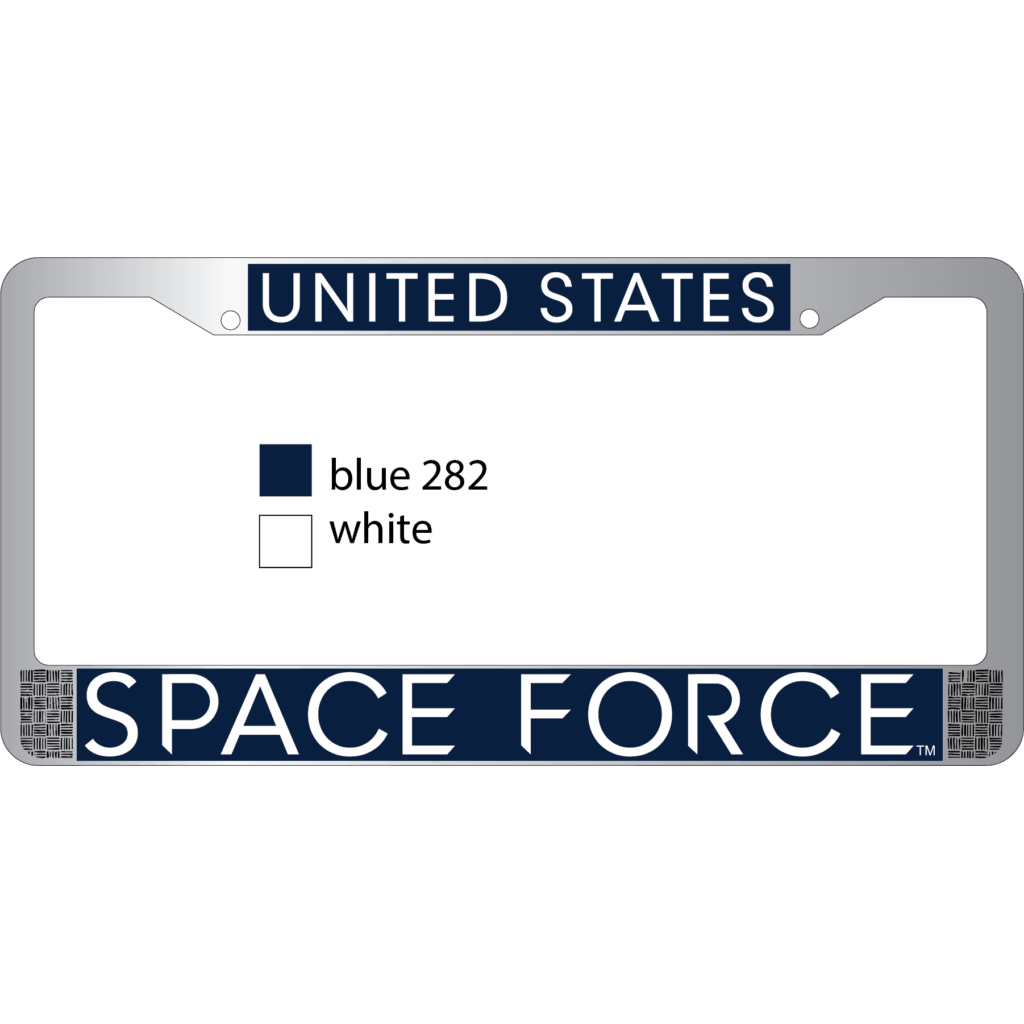 U.S. Space Force in White on Blue Chrome License Plate Frame - Military Republic