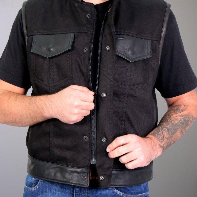 USA Made Denim and Leather Vest with Red Lining - Military Republic