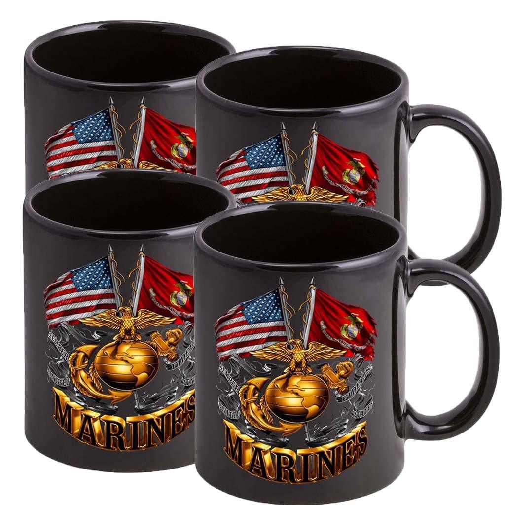 USMC Double Flag EGA Logo Stoneware Mug Set- Black - Military Republic