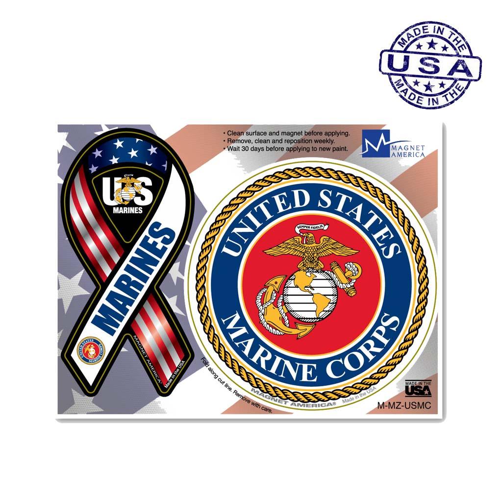United States Marines Combo Mini Ribbon (2" x 4") and Circle (3.75") Magnets - Military Republic