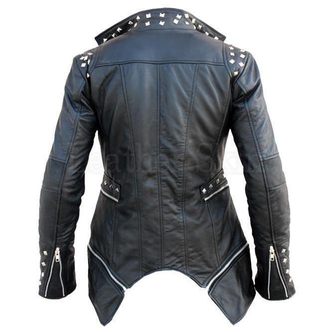 Vintage Style Black Genuine Leather Studded Jacket with Detachable Bottom - Military Republic