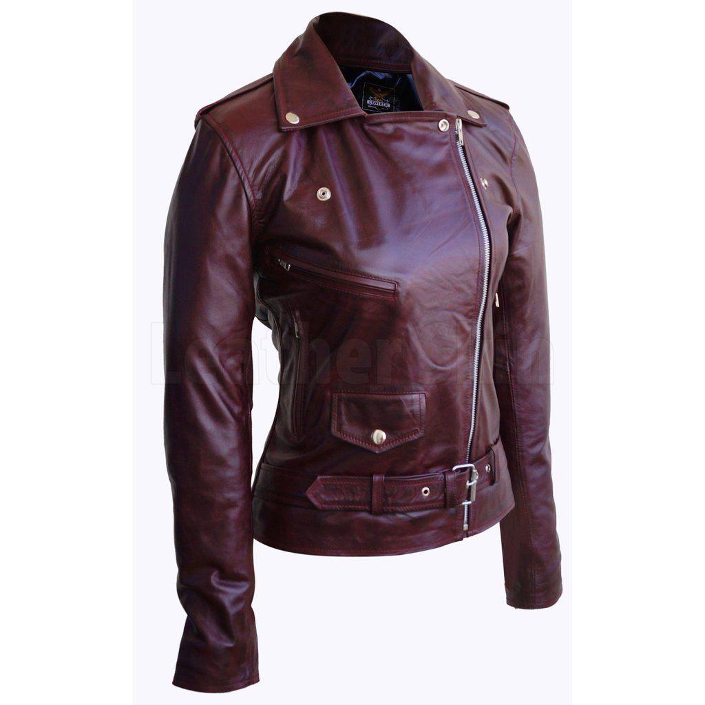 Women's Wine Red Genuine Leather Distressed Jacket with Epaulets - Military Republic