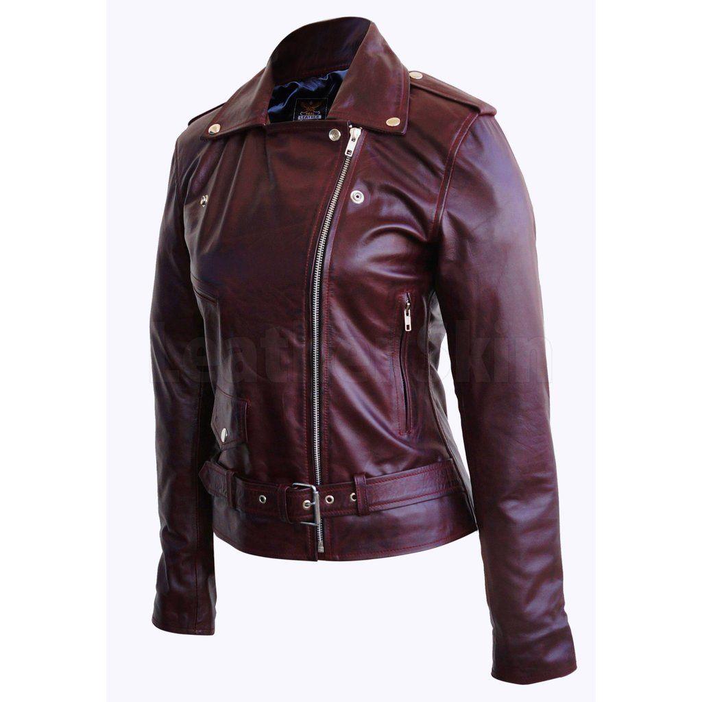 Women's Wine Red Genuine Leather Distressed Jacket with Epaulets - Military Republic