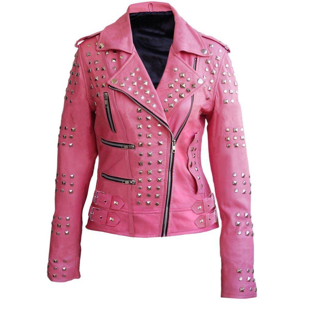 Real Pink Women's Studded Genuine Leather Carlotta Jacket - Military Republic