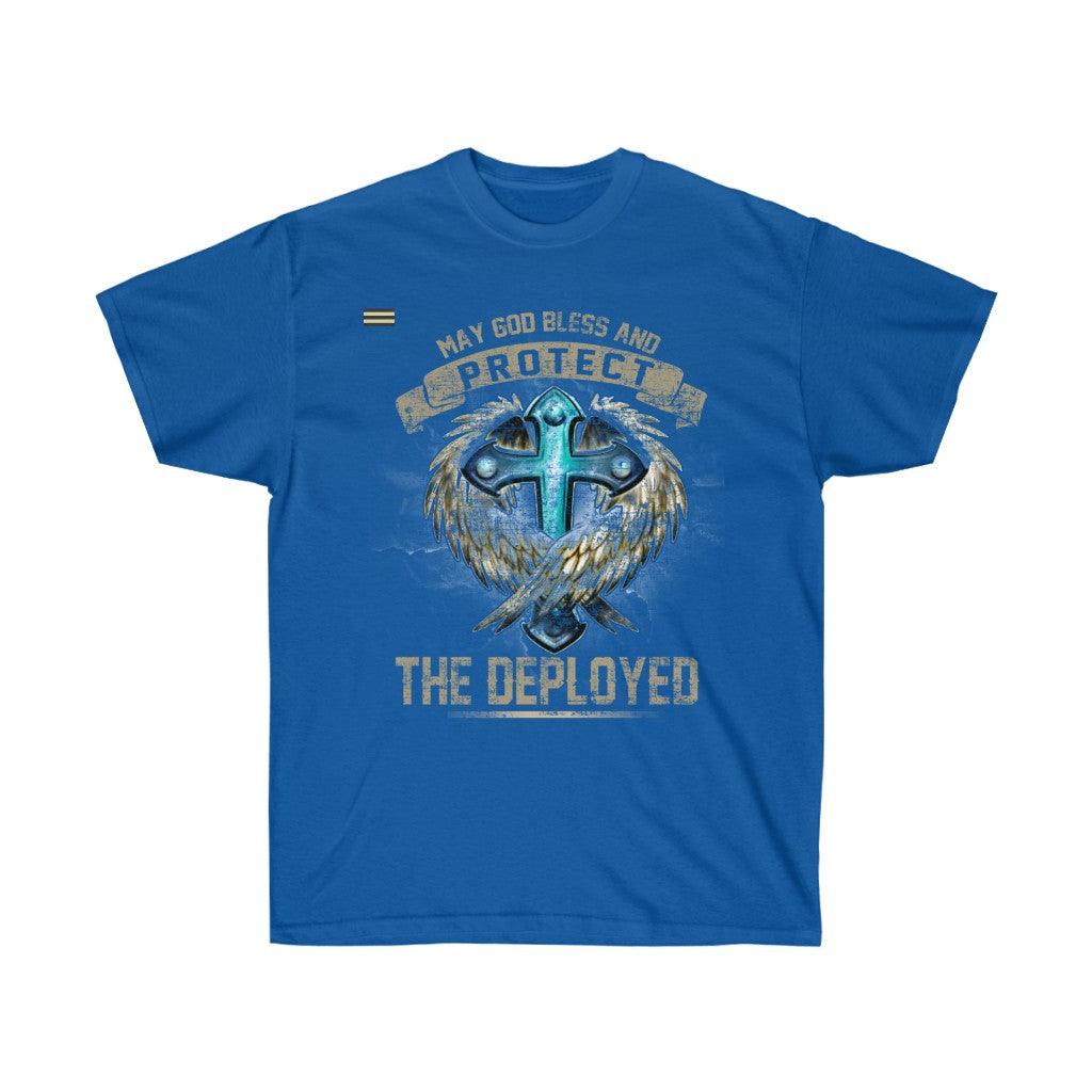 God Bless and Protect the Deployed Cross & Angel T-shirt - Military Republic