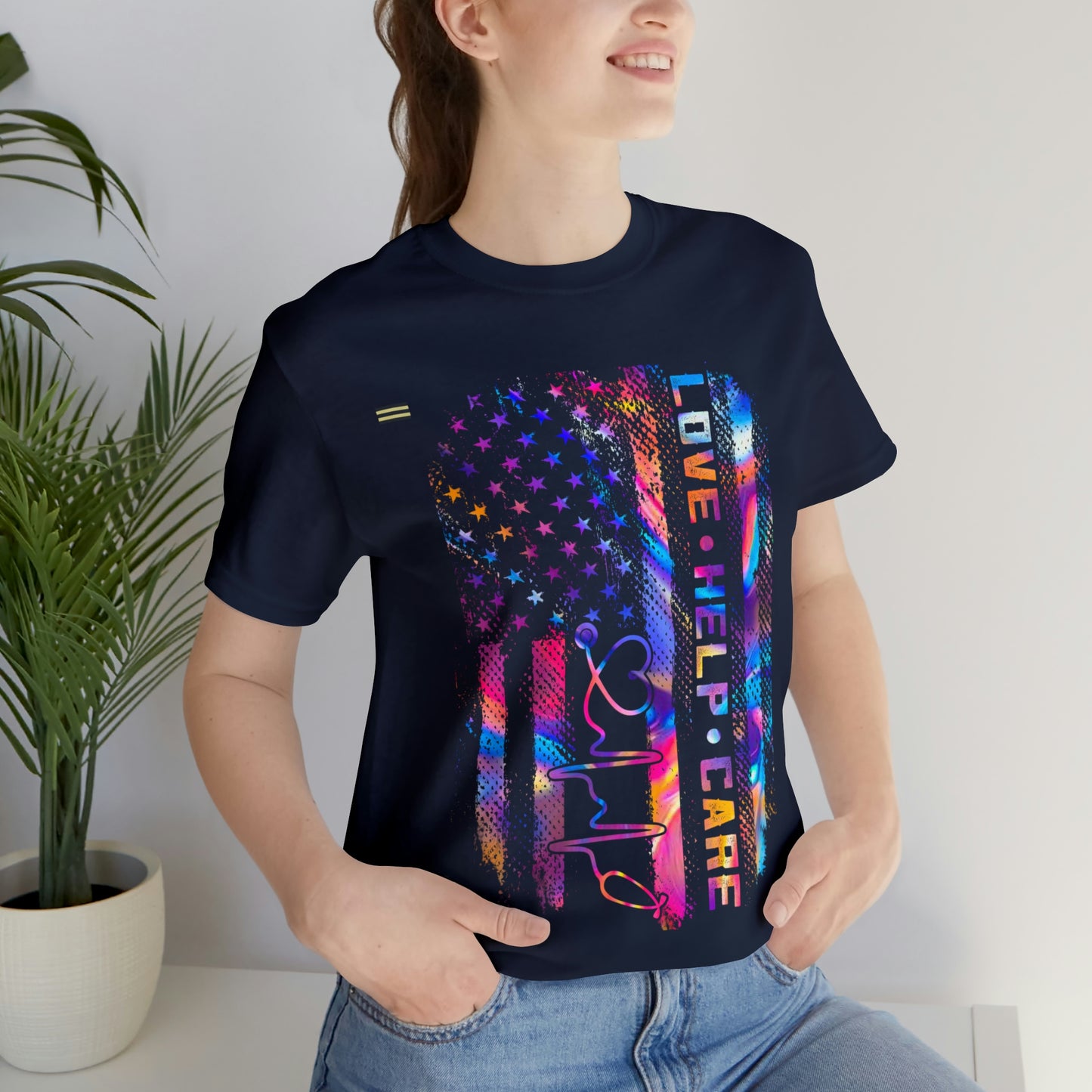Colorful Distressed USA Flag with Love-Help-Care Design Nurse T-shirt
