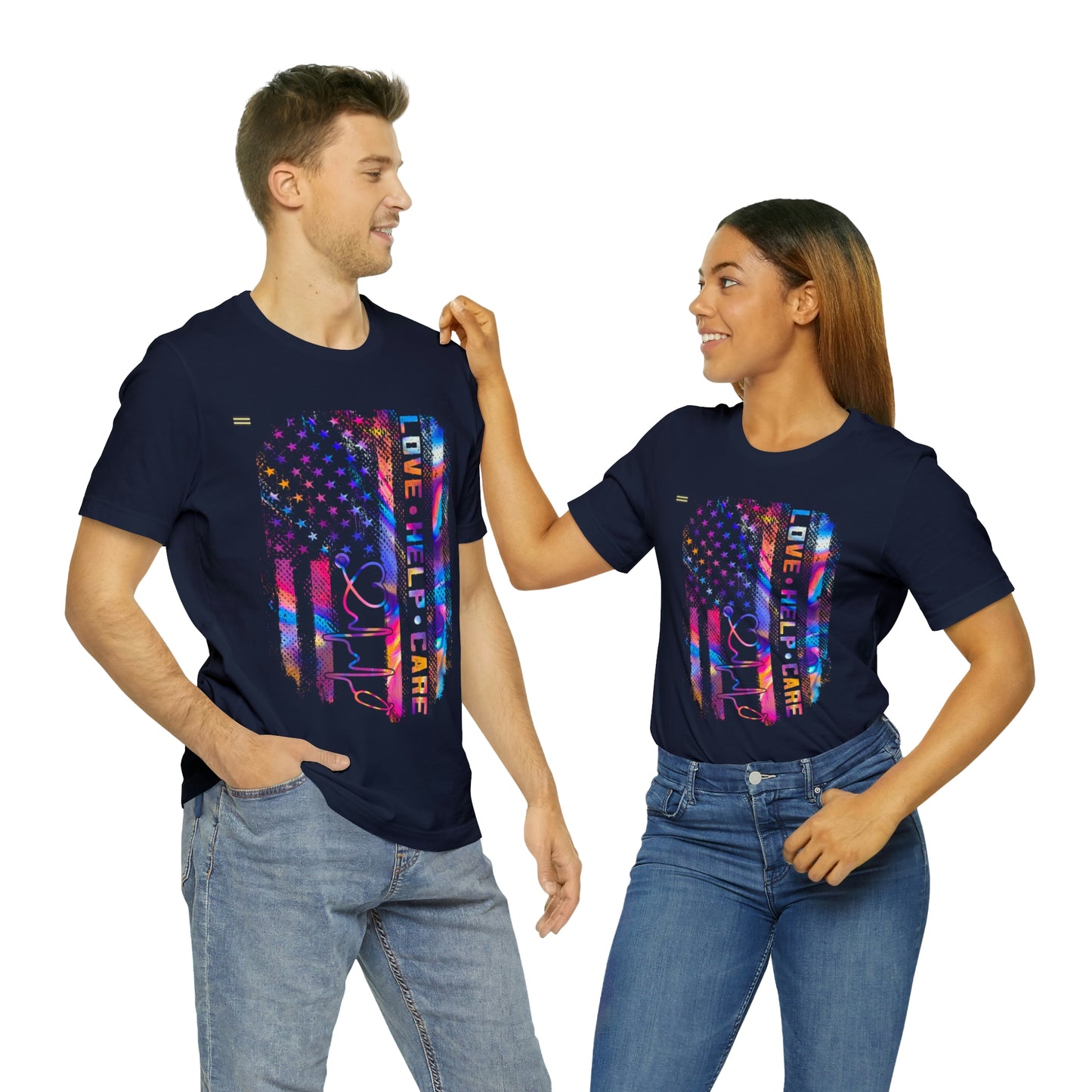 Colorful Distressed USA Flag with Love-Help-Care Design Nurse T-shirt