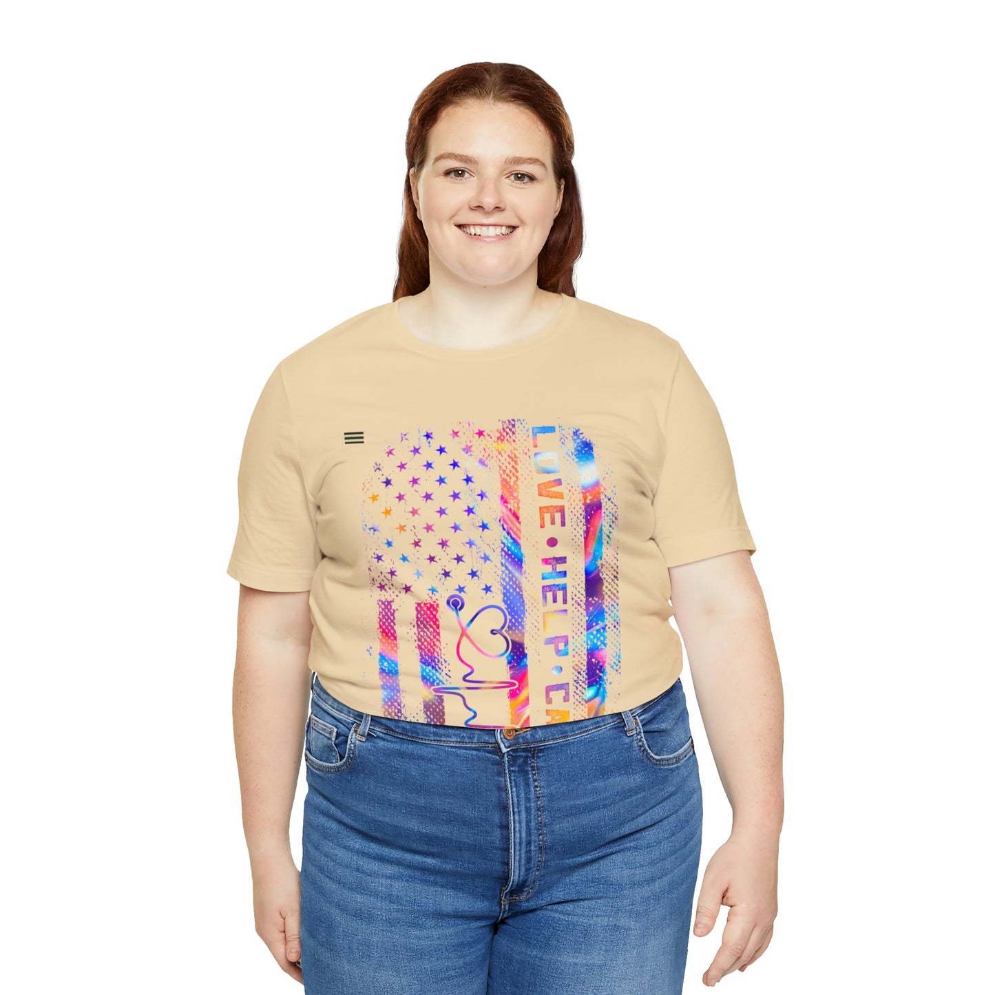 Colorful Distressed USA Flag with Love-Help-Care Design Nurse T-shirt