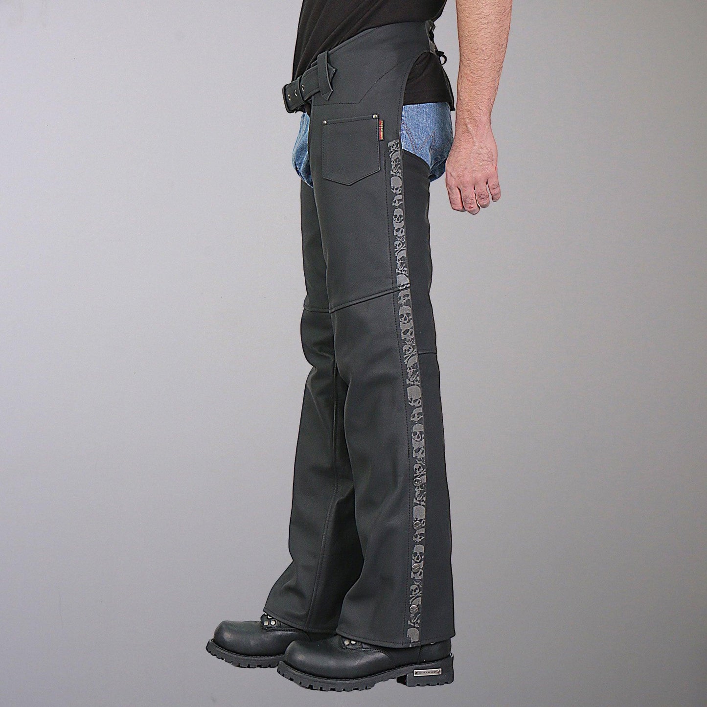 Matte Finished Top Grain Leather With Ancient Skulls And Satin Lining Chaps for Men - Military Republic