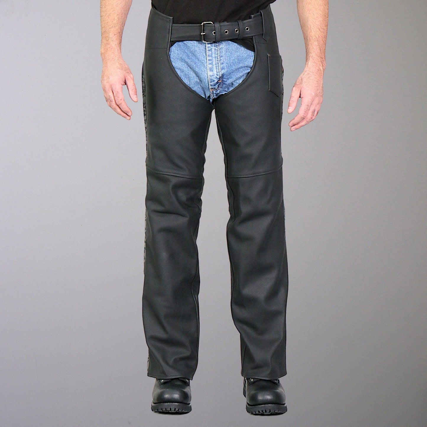 Matte Finished Top Grain Leather With Ancient Skulls And Satin Lining Chaps for Men - Military Republic