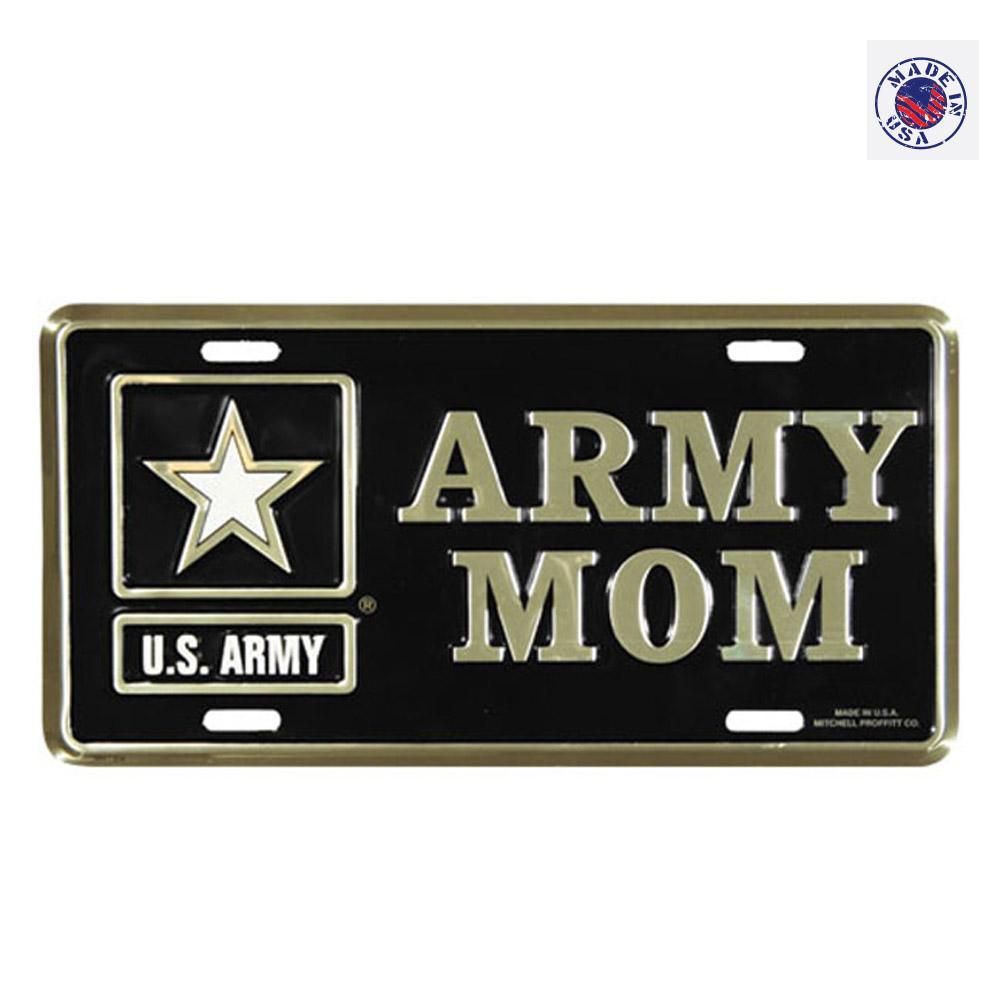Army Mom License Plate with with US Army Star Logo in Gold on Black Metal License Plate - Military Republic