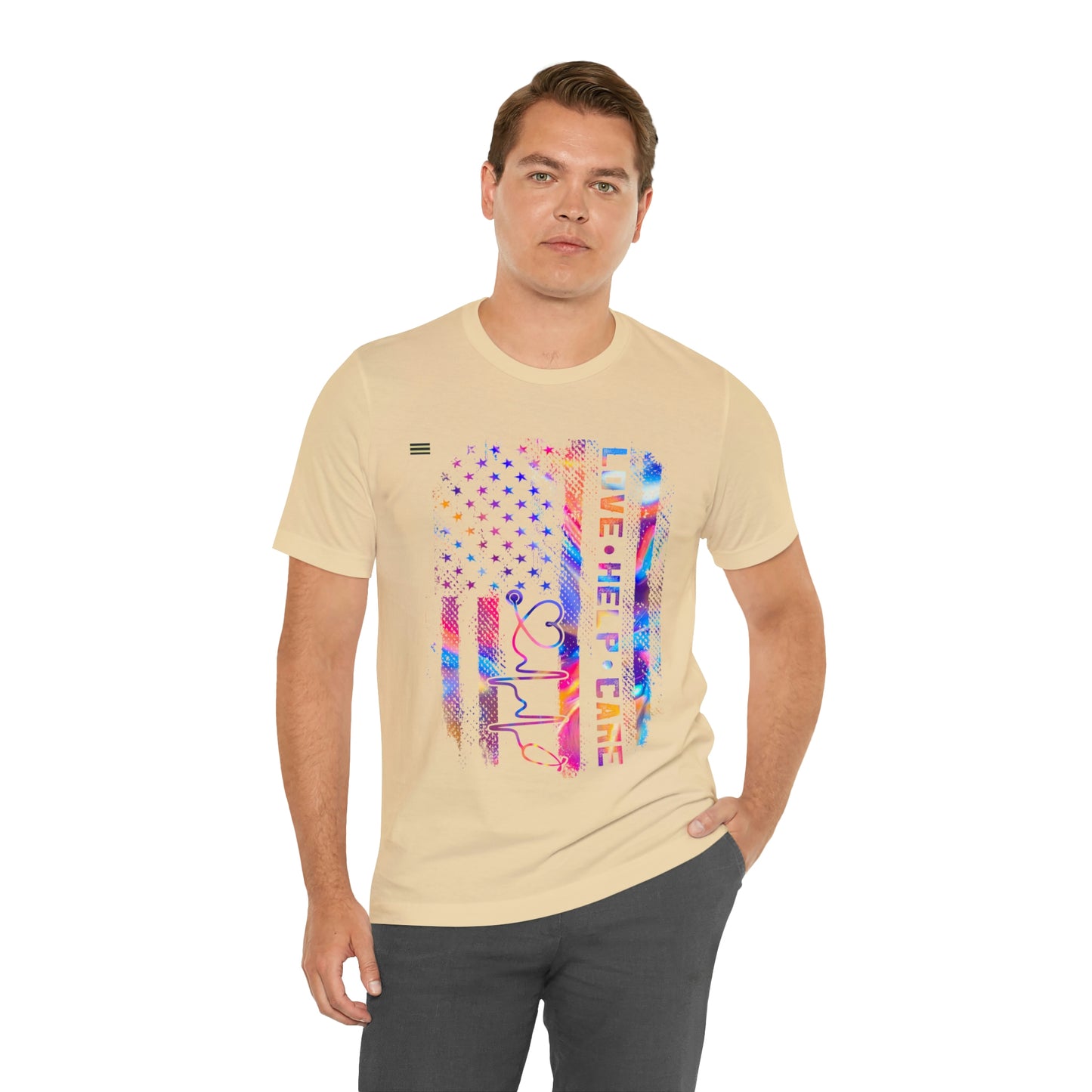 Colorful Distressed USA Flag with Love-Help-Care Design Nurse T-shirt