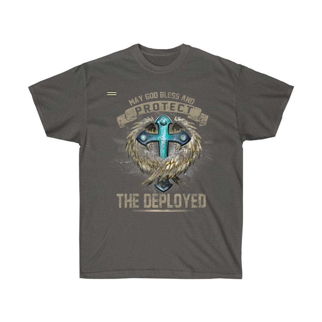 God Bless and Protect the Deployed Cross & Angel T-shirt - Military Republic