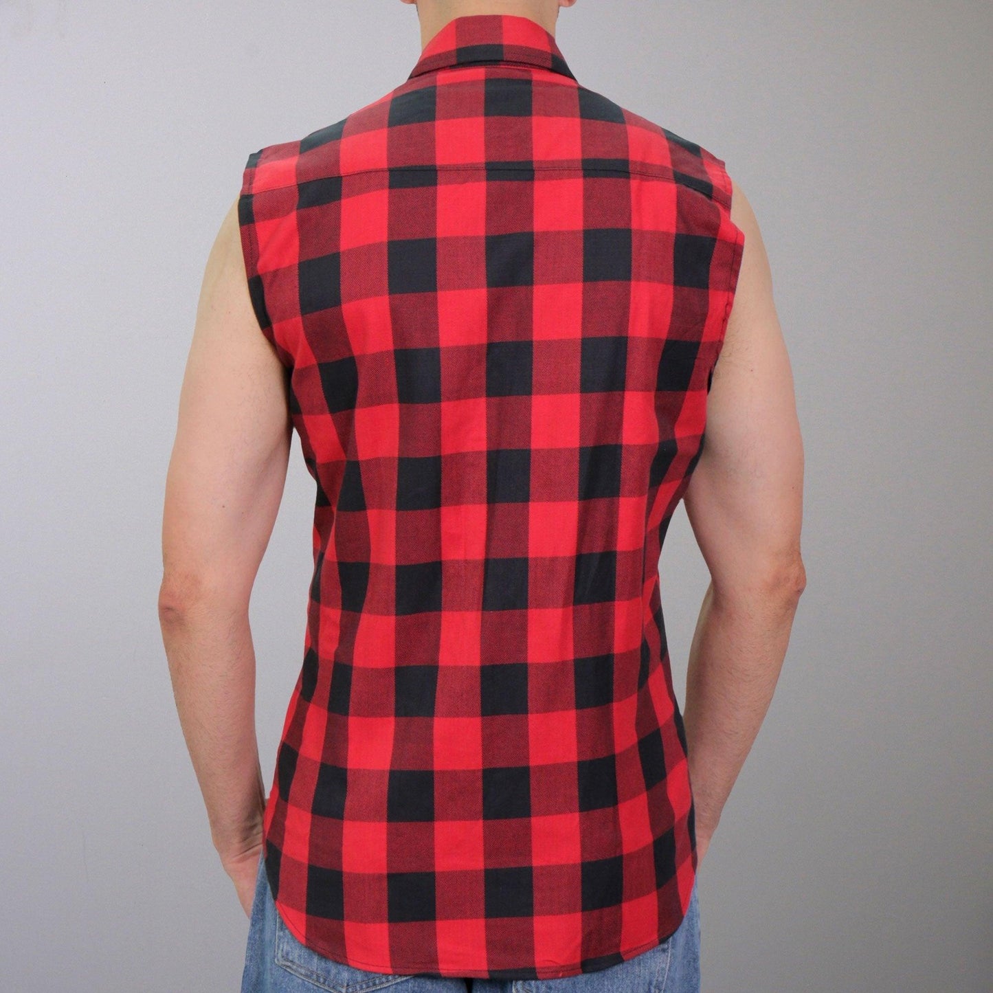 Black and Red Sleeveless Biker Shirt Flannel for Men - Military Republic