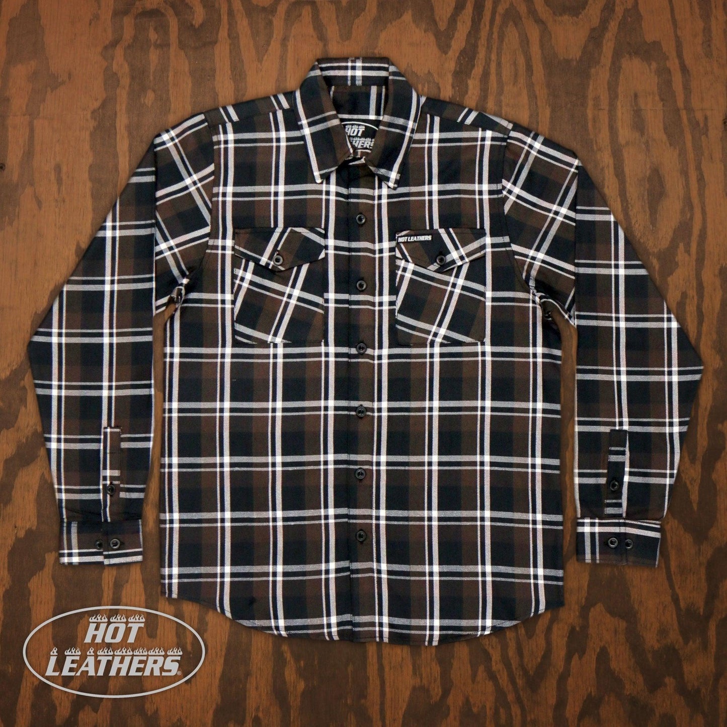 Brown Black And White Long Sleeve Biker Flannel Shirt for Men - Military Republic