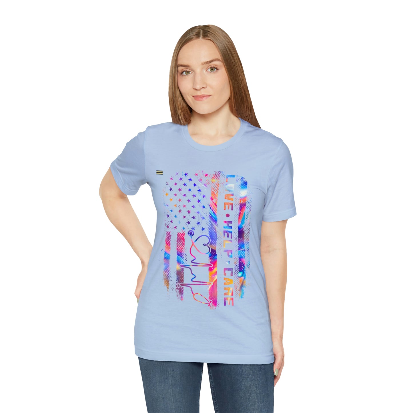 Colorful Distressed USA Flag with Love-Help-Care Design Nurse T-shirt
