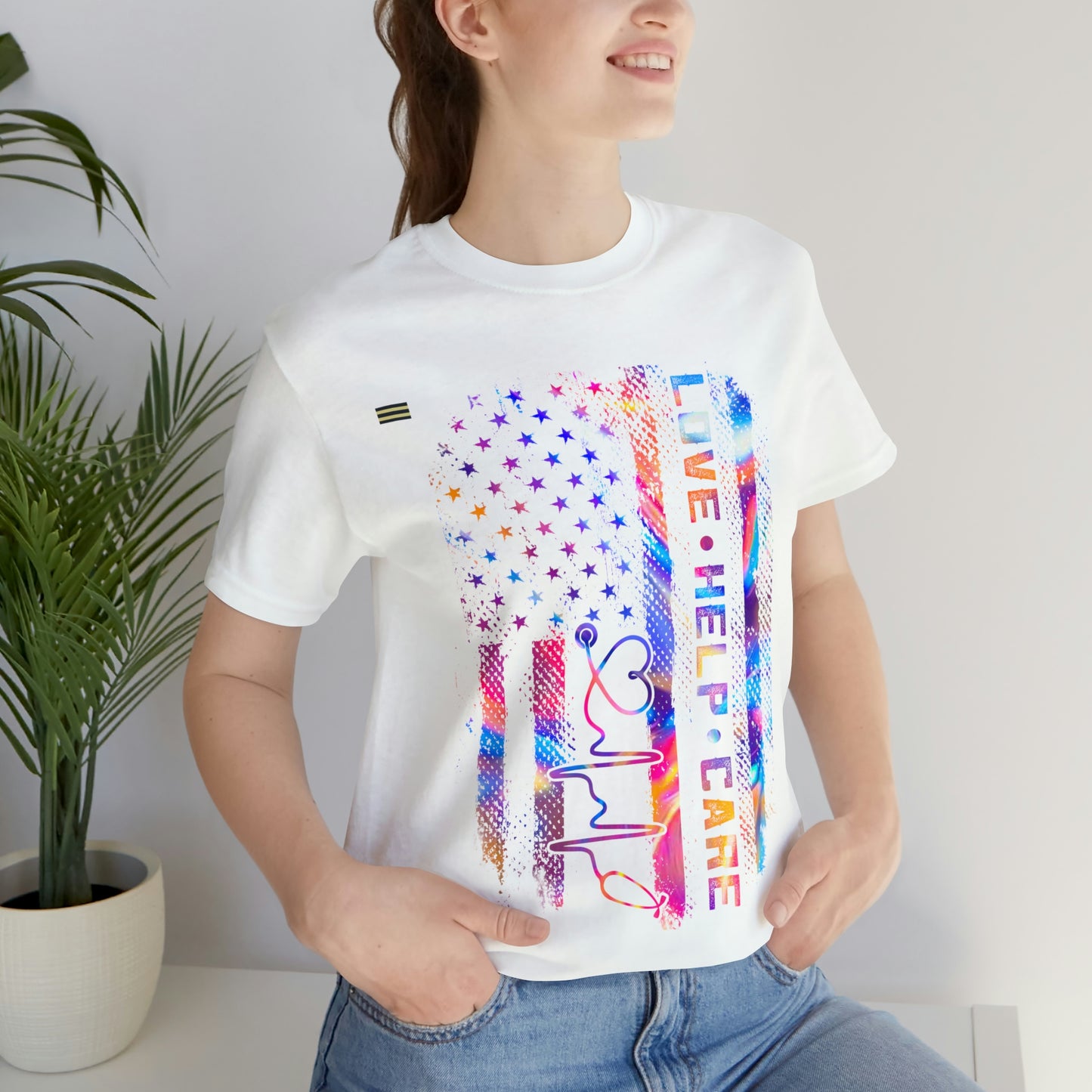 Colorful Distressed USA Flag with Love-Help-Care Design Nurse T-shirt