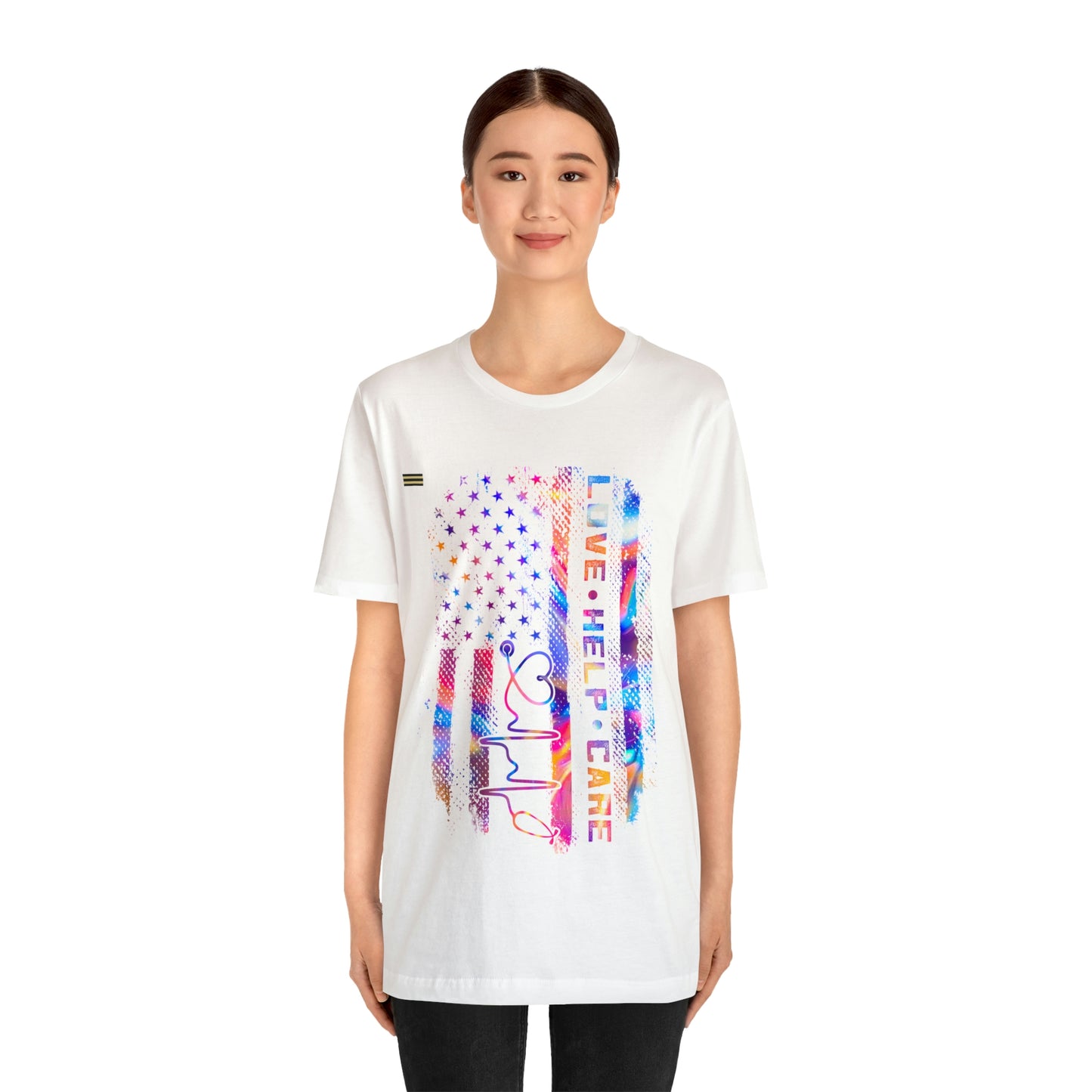 Colorful Distressed USA Flag with Love-Help-Care Design Nurse T-shirt