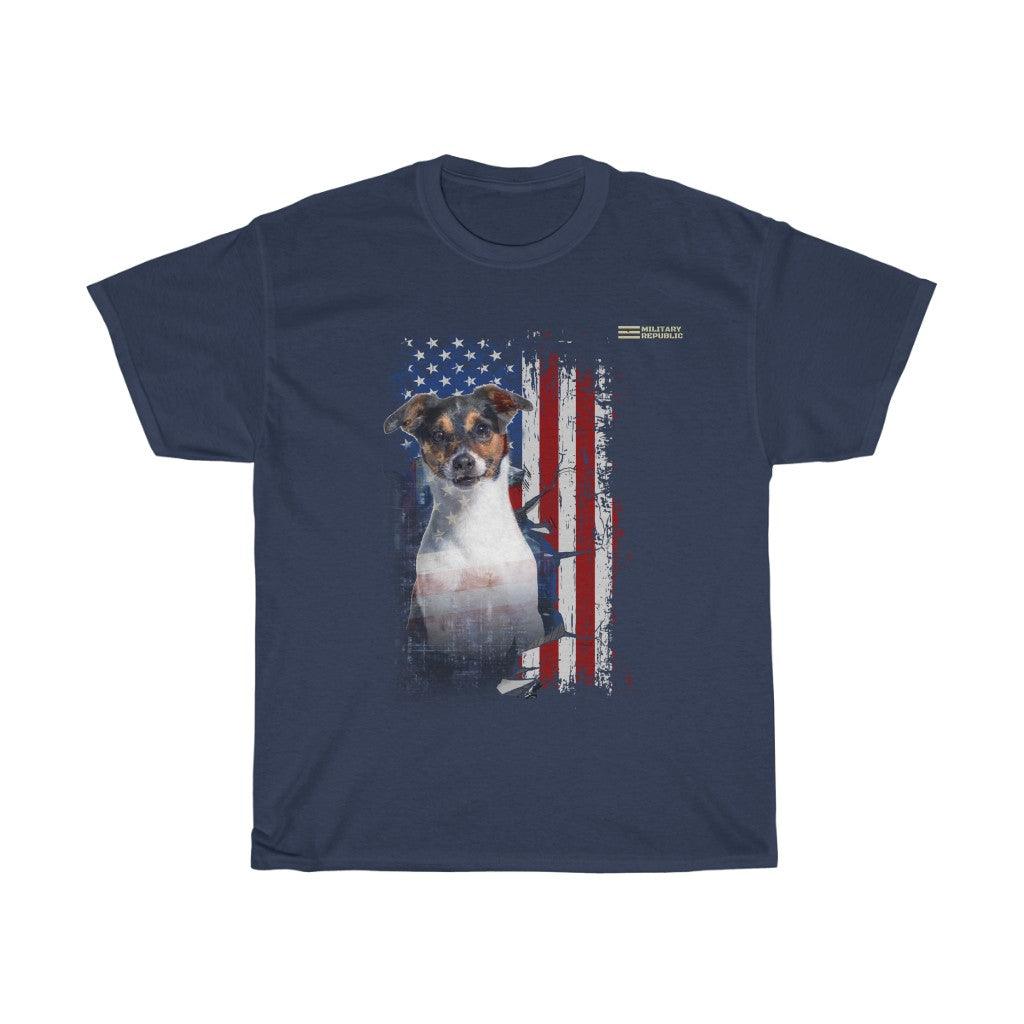 Jack Russell Terrier Dog with Distressed USA Flag Patriotic T-shirt - Military Republic