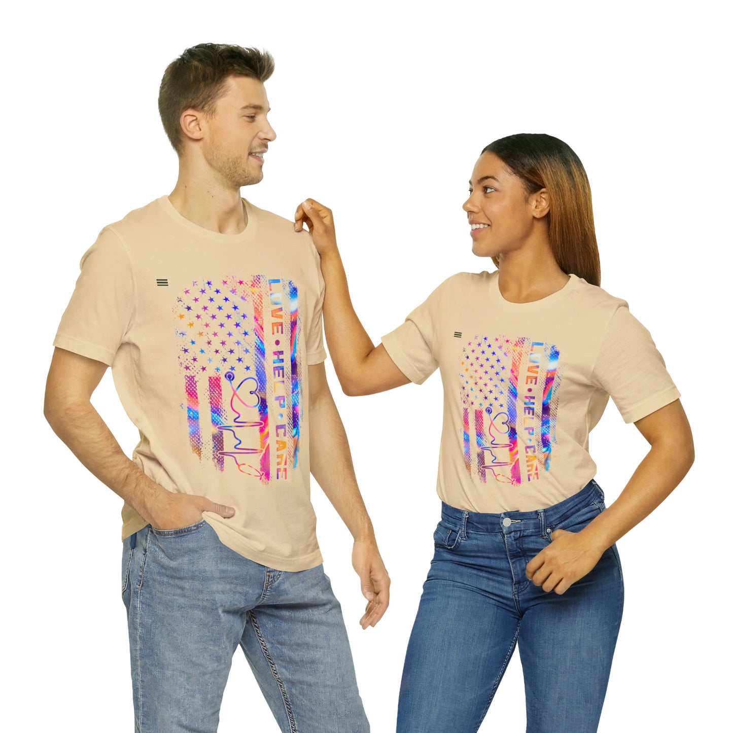 Colorful Distressed USA Flag with Love-Help-Care Design Nurse T-shirt