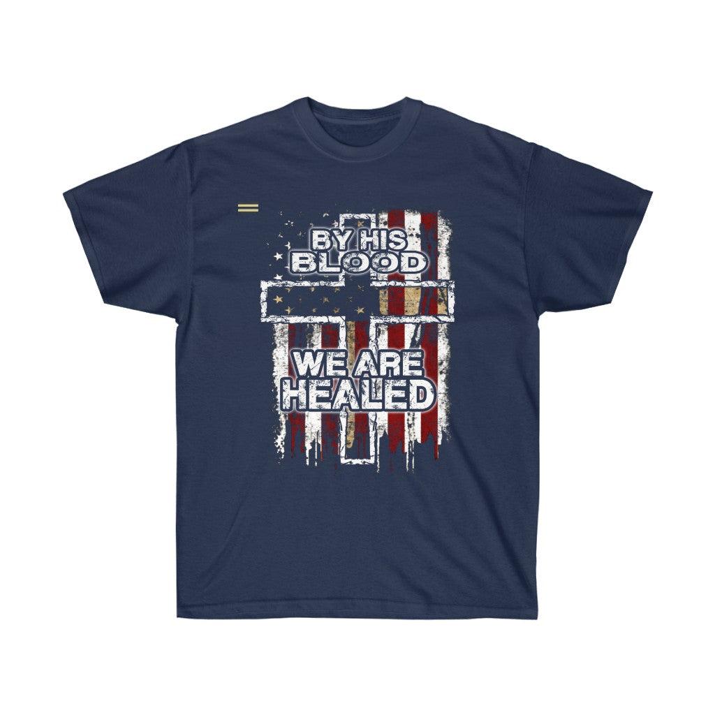 By His Blood We Are Health Flag & Cross T-shirt - Military Republic