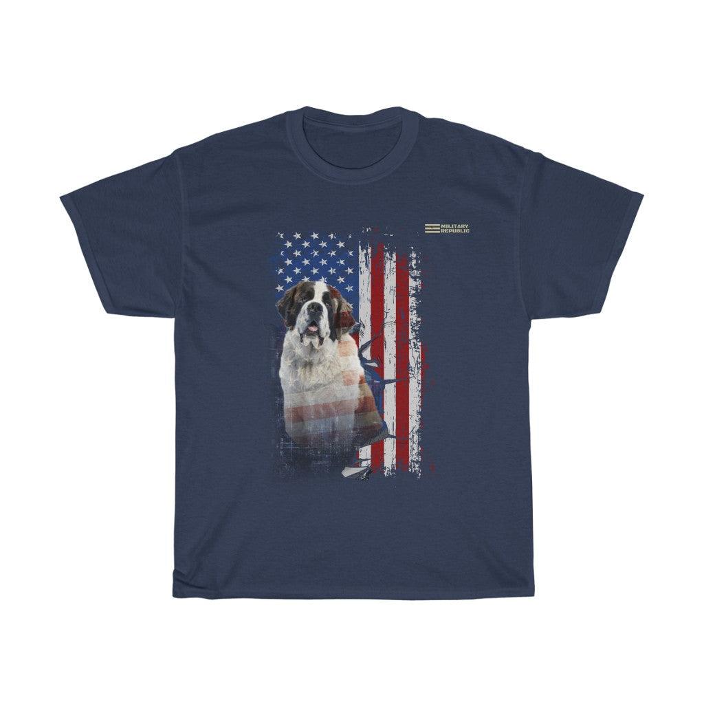 Saint Bernard Dog with Distressed USA Flag Patriotic T-shirt - Military Republic