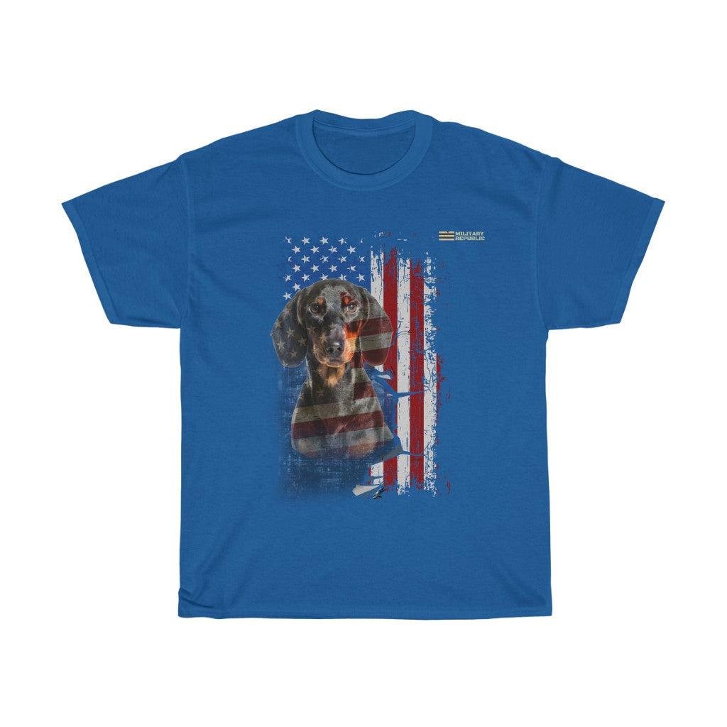 Dachshund Dog with Distressed USA Flag Patriotic T-shirt - Military Republic