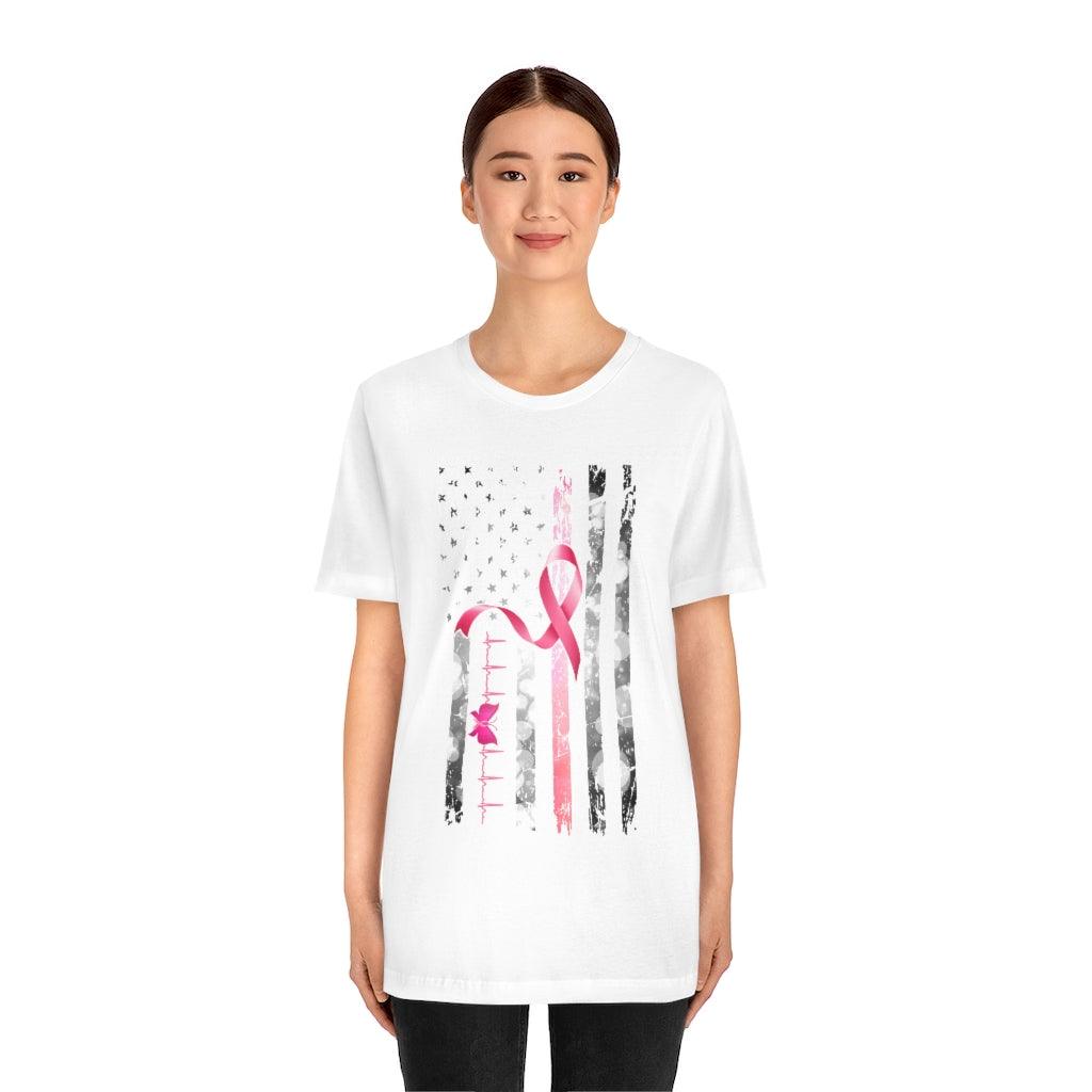 Pink Ribbon With USA Flag And Heart Beat Design T-shirt - Military Republic