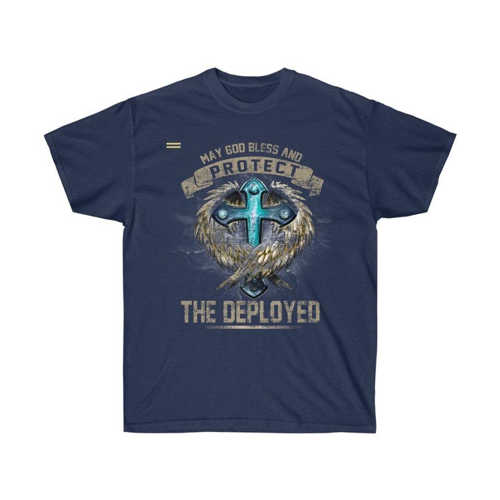 God Bless and Protect the Deployed Cross & Angel T-shirt - Military Republic