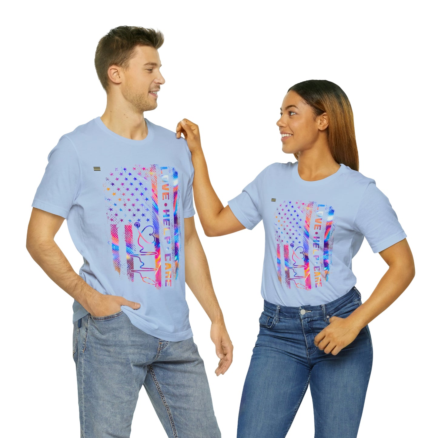 Colorful Distressed USA Flag with Love-Help-Care Design Nurse T-shirt