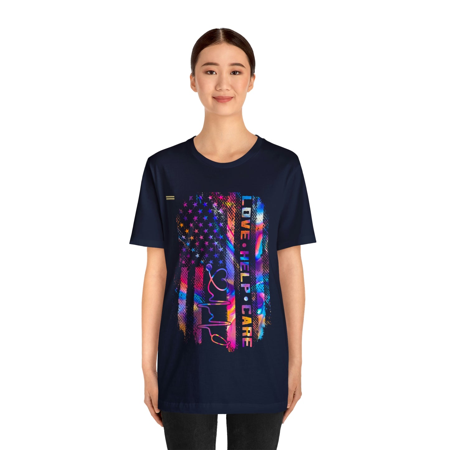 Colorful Distressed USA Flag with Love-Help-Care Design Nurse T-shirt
