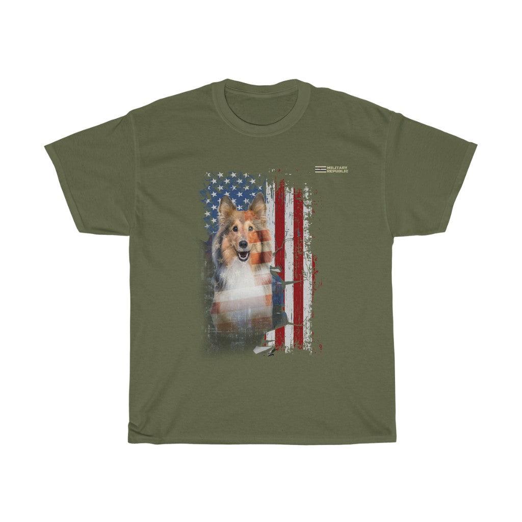 Rough Collie Dog with Distressed USA Flag Patriotic T-shirt - Military Republic