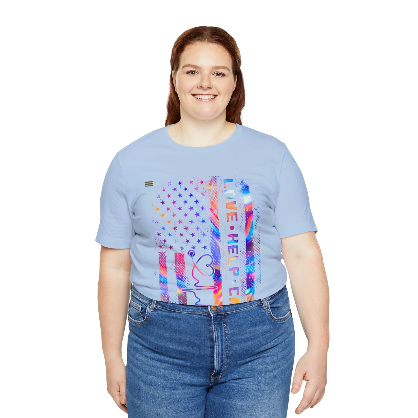 Colorful Distressed USA Flag with Love-Help-Care Design Nurse T-shirt