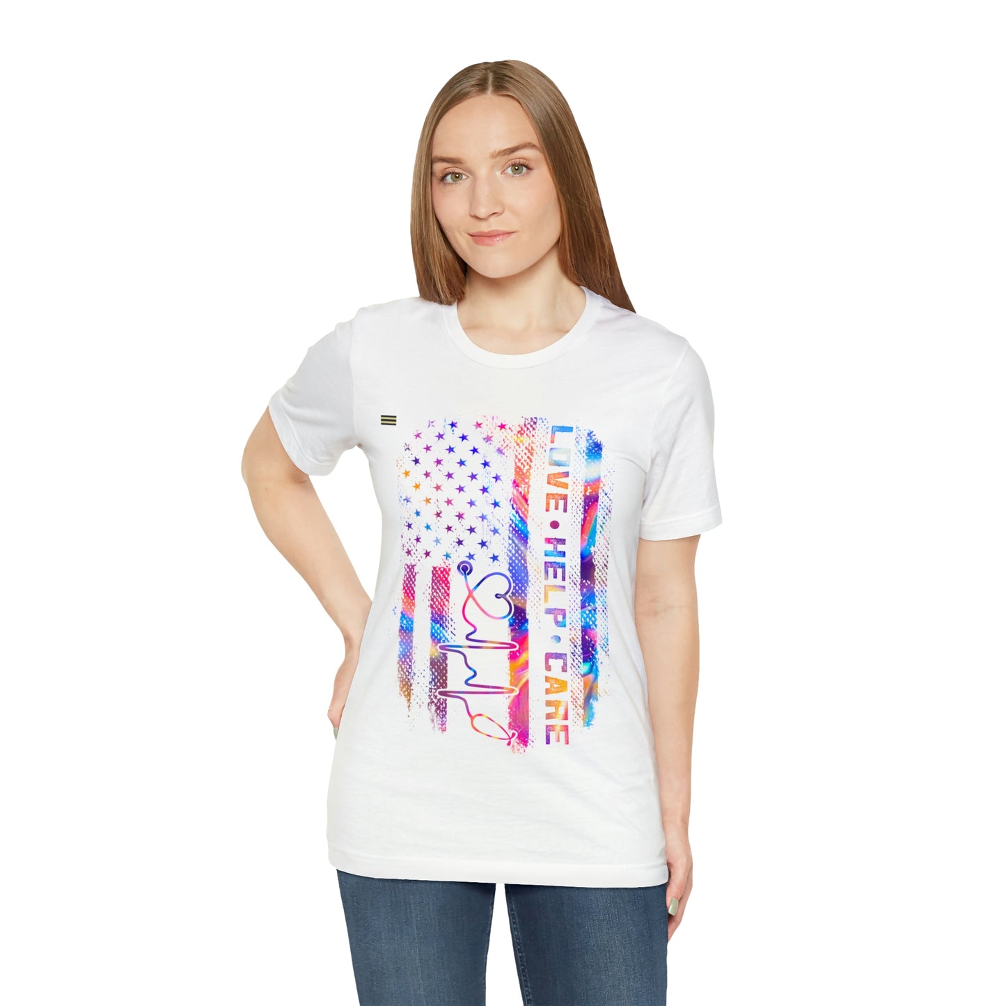 Colorful Distressed USA Flag with Love-Help-Care Design Nurse T-shirt