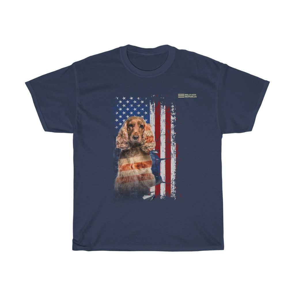 Cocker Spaniel Dog with Distressed USA Flag Patriotic T-shirt - Military Republic