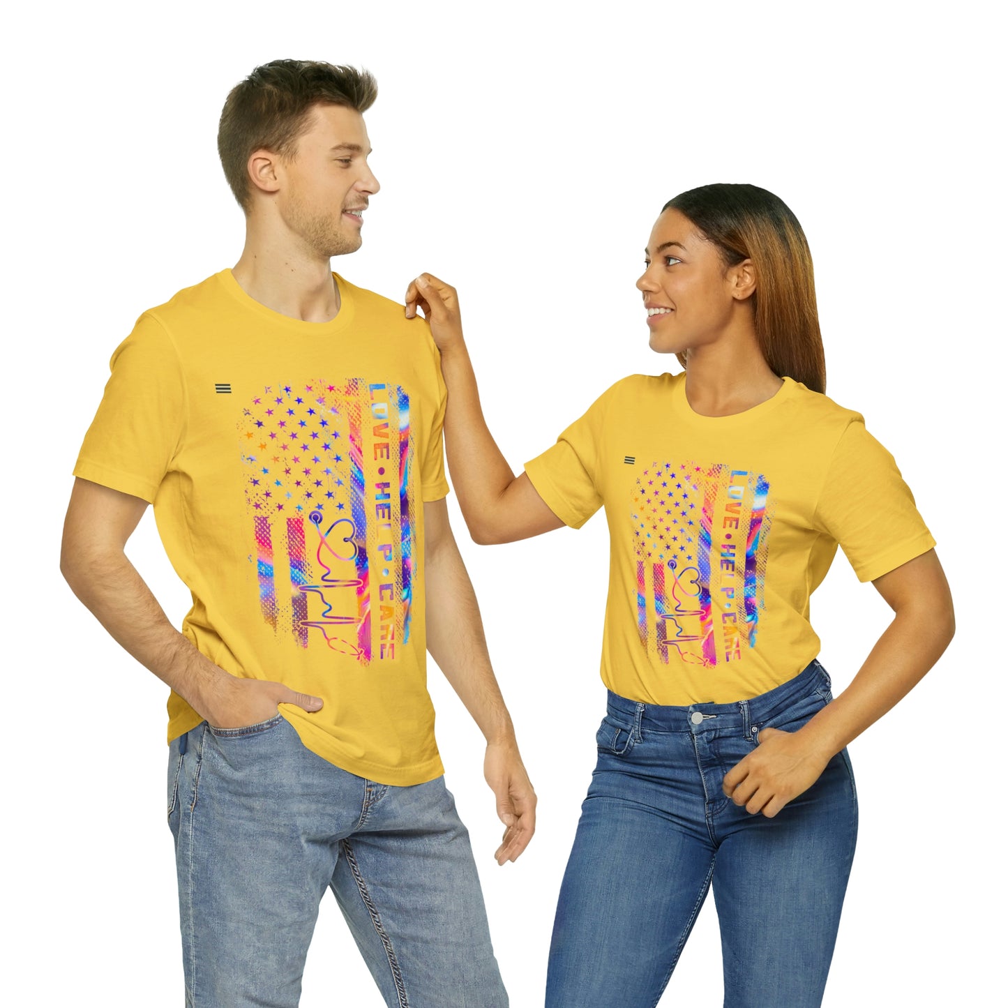Colorful Distressed USA Flag with Love-Help-Care Design Nurse T-shirt