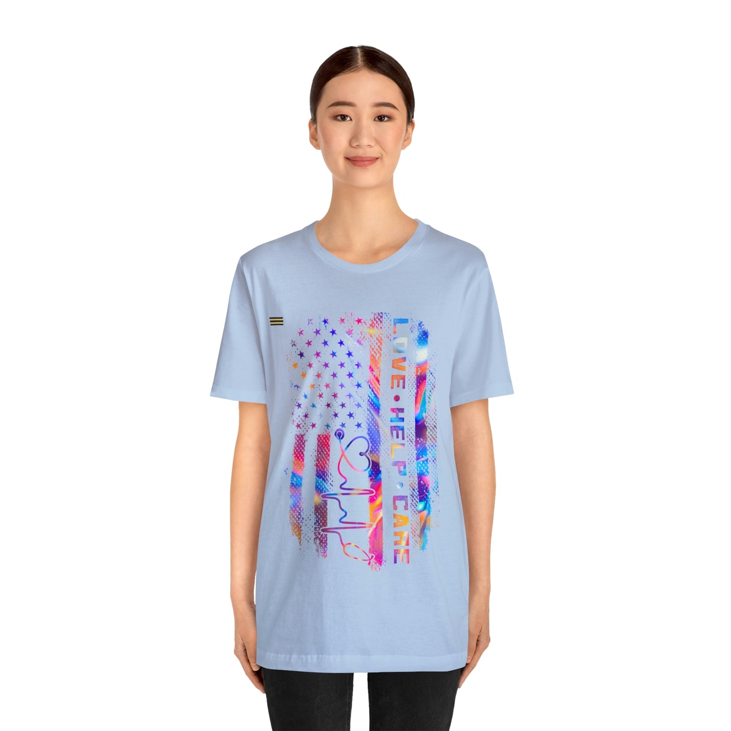 Colorful Distressed USA Flag with Love-Help-Care Design Nurse T-shirt