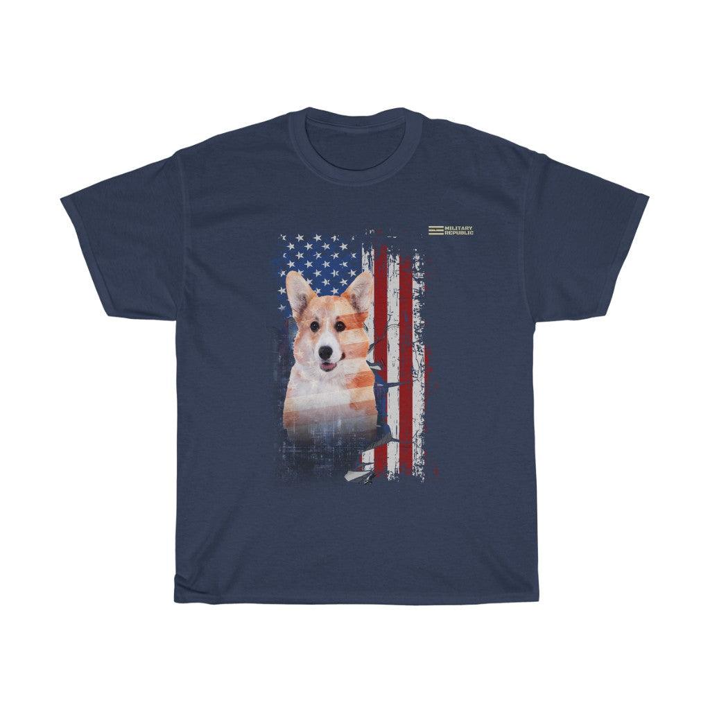 Pembroke Welsh Corgi Dog with Distressed USA Flag Patriotic T-shirt - Military Republic