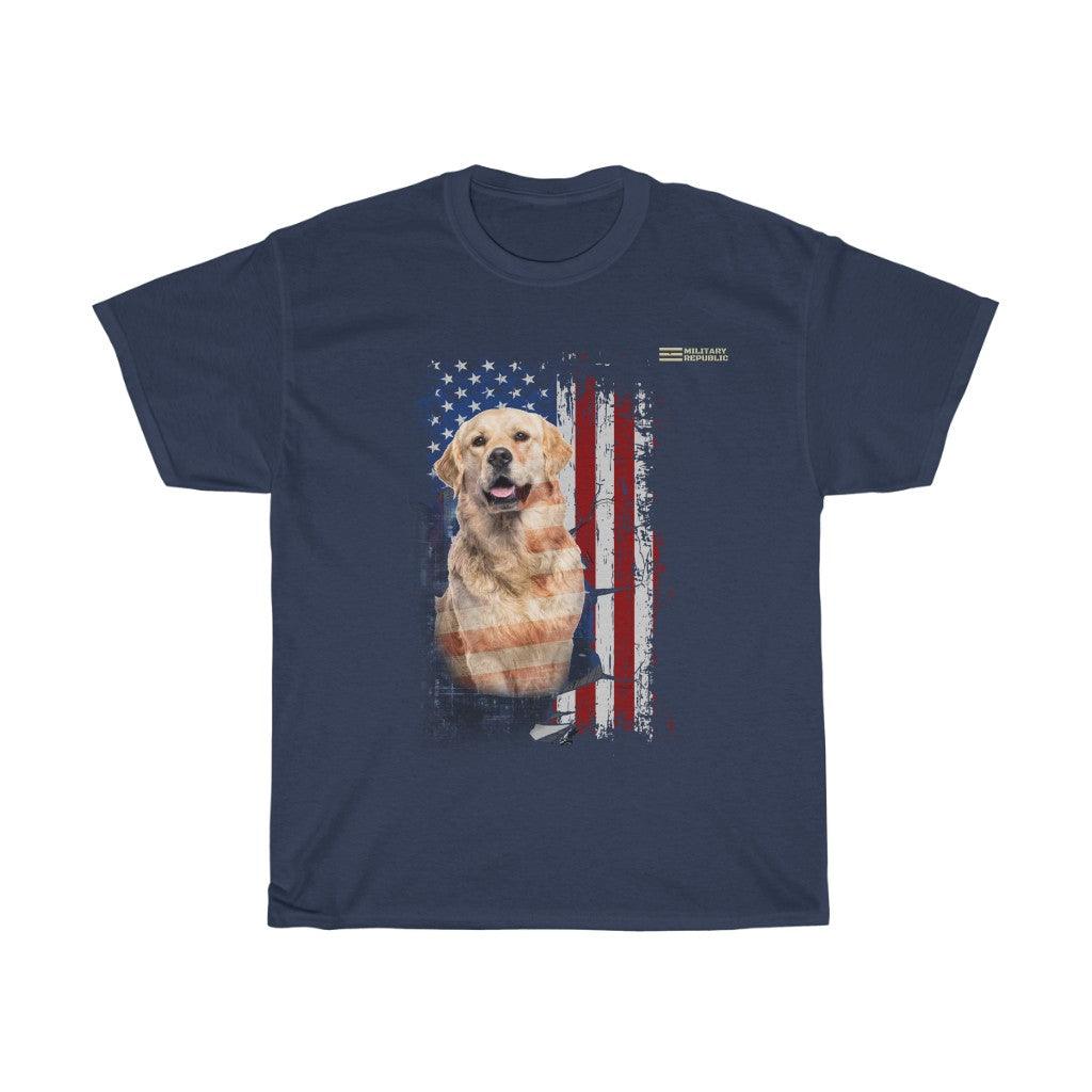 Golden Retriever Dog with Distressed USA Flag Patriotic T-shirt - Military Republic