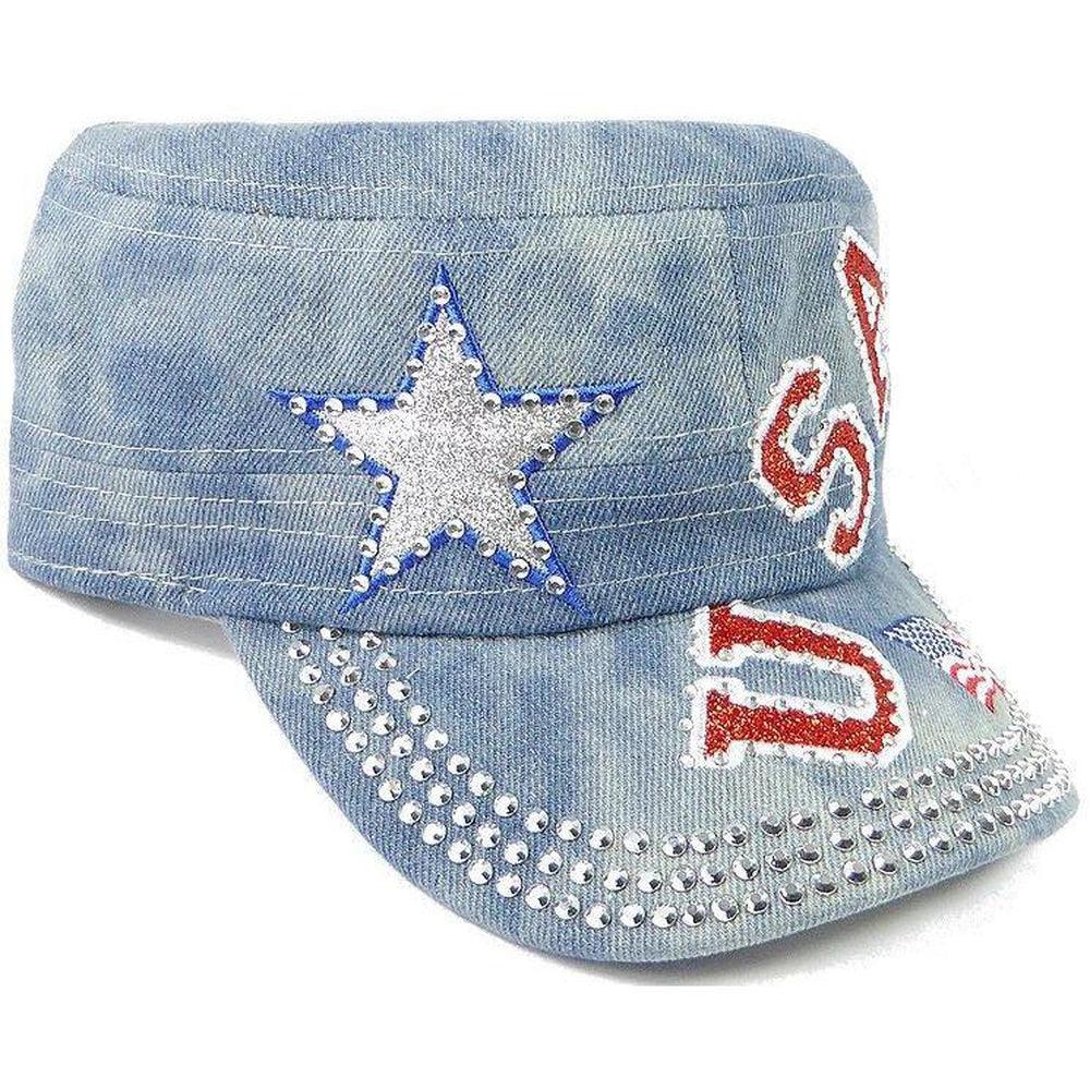 Rhinestone Cadet Cap USA Star - Splash Light Denim-Military Republic