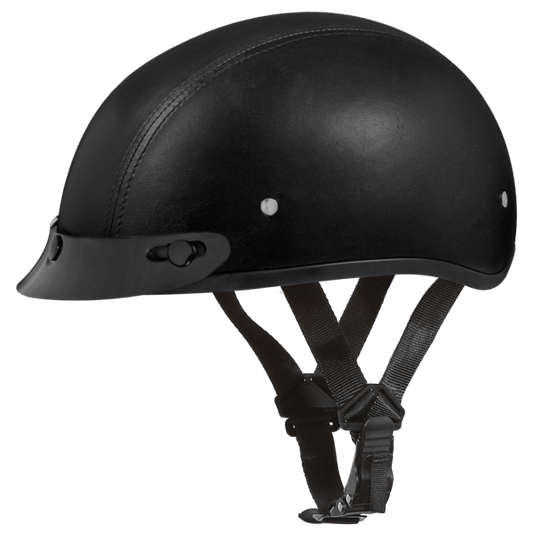 Black Leather Covered Slim Lined Motorcycle Half Helmet - Military Republic