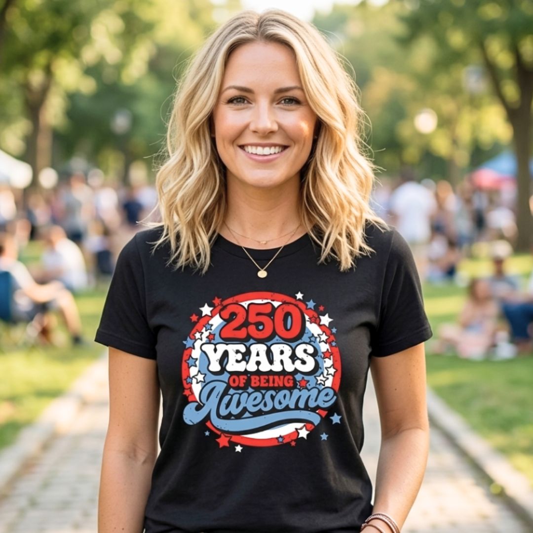 America 250 Years of Being Awesome Blue and Red Stars Graphic T-shirt