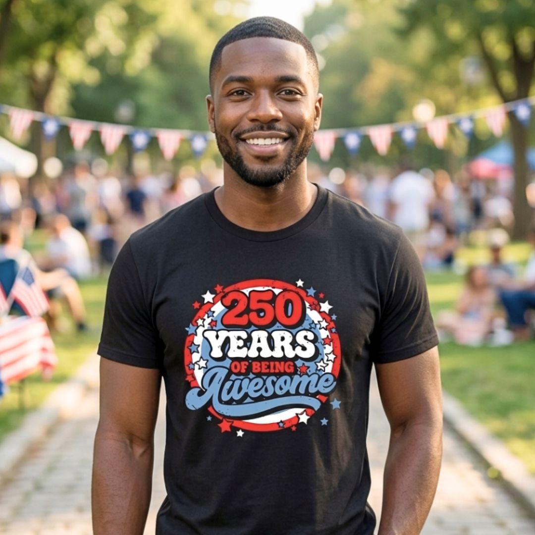 America 250 Years of Being Awesome Blue and Red Stars Graphic T-shirt